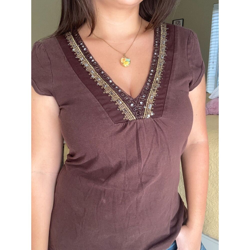 y2k self-esteem brown sequined v-neck top